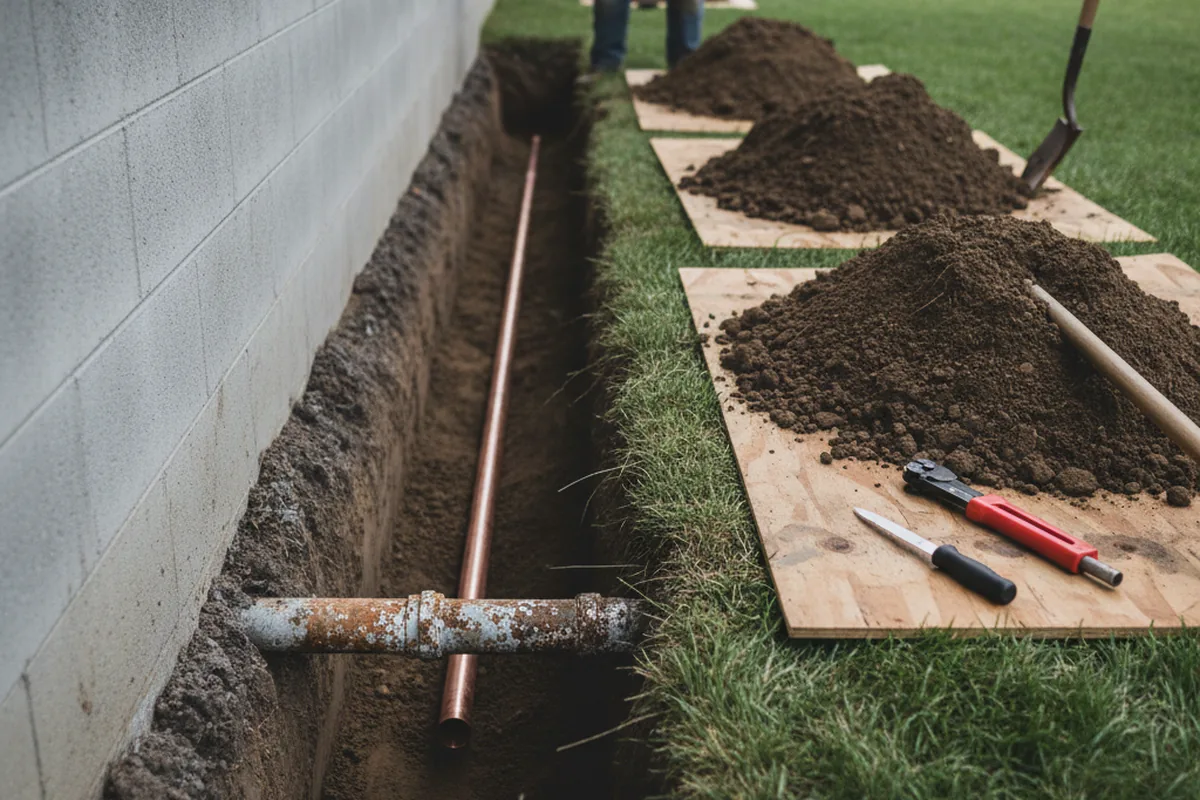 Excavated water line trench during Sewer Line Repair in Smithfield